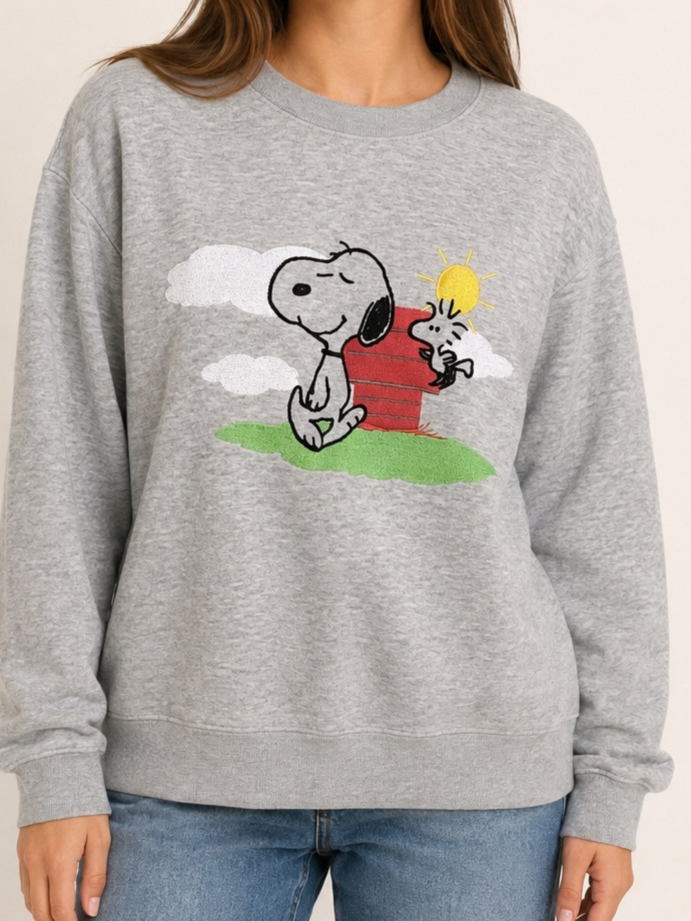 Peanuts Snoopy Woodstock Front Back Embroidered Cotton Blend Sweatshirt L